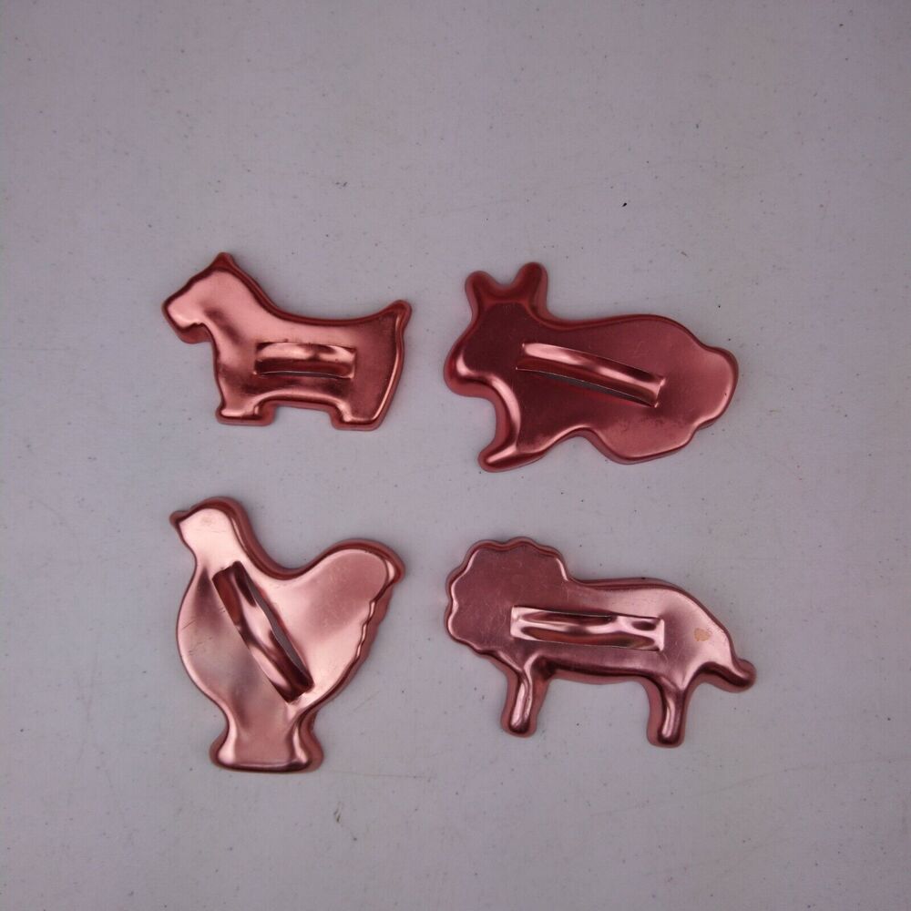 Lot of 4 VTG Metal Copper Cookie Cutters Animals Chicken Dog Bunny Lion